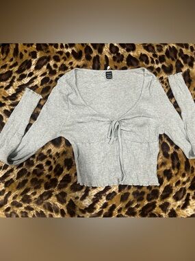 Light Gray Ribbed Tie-Front Long Sleeve Top